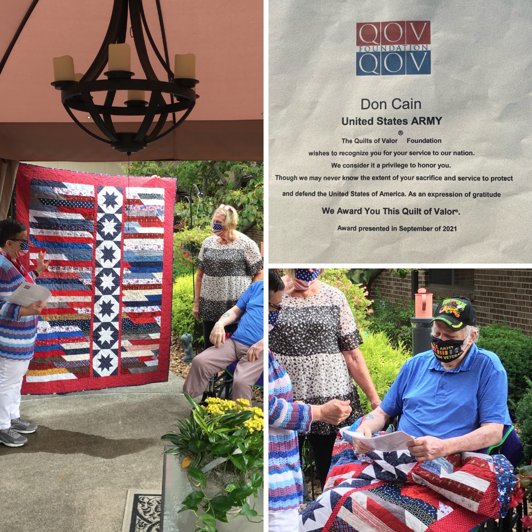 Saint Anthony resident, Don Cain, being awarded a Quilt of Valor
